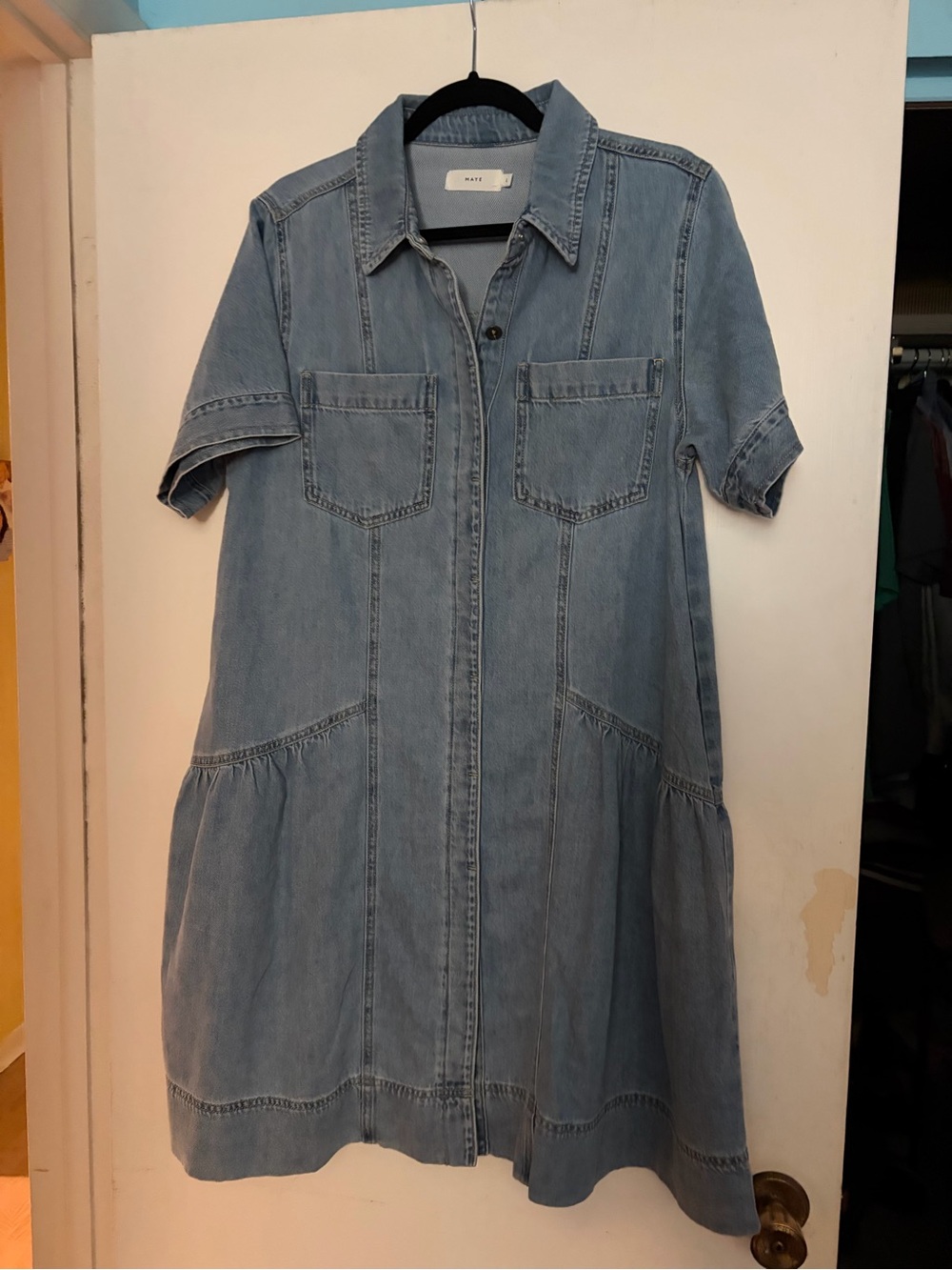 Washed Blue Denim Shirt Dress with Short Sleeves